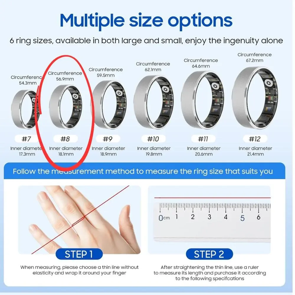 SmartHealth Ring for Stress, Fitness, and Sleep Track, iOS and Android (Black 8)